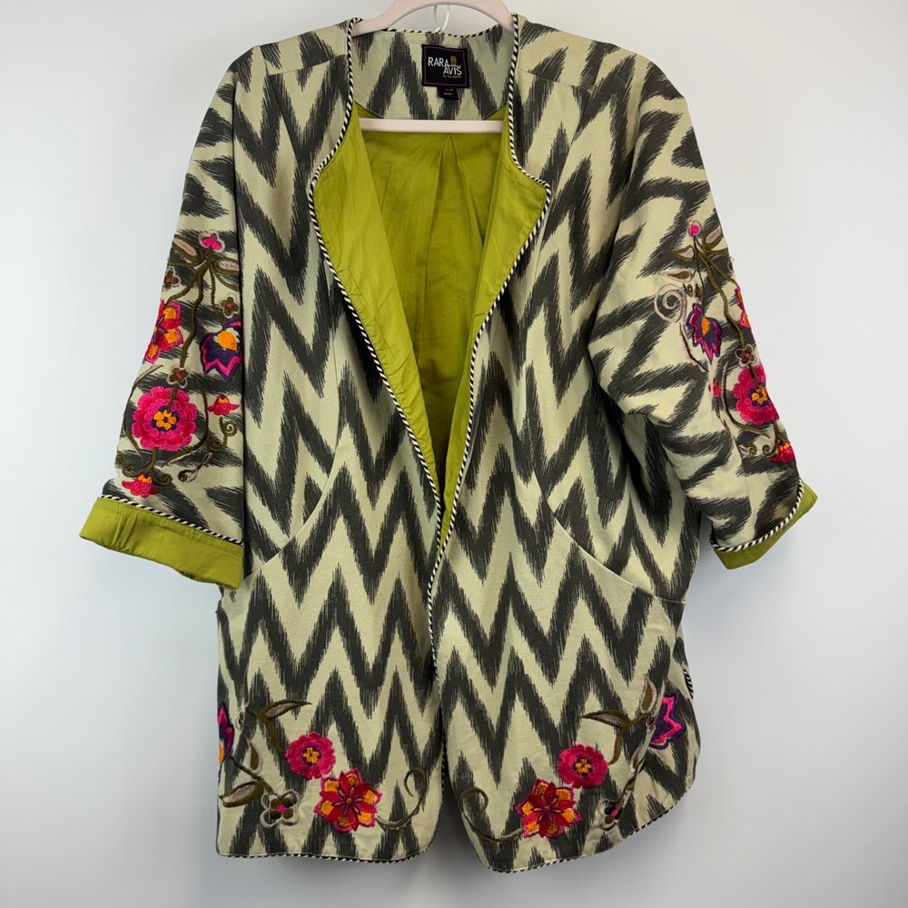 Rara Avis Iris Apfel Ikat Chevron Floral Embroidered Open Front Jacket XL Green